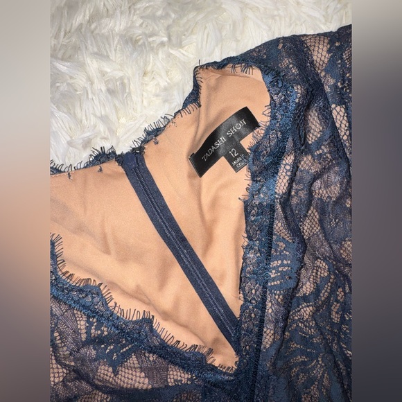 NEW Tadashi Shoji Beatrice Lace & Mesh Midi Cocktail Dress NAVY NUDE sz 12 - Picture 6 of 8